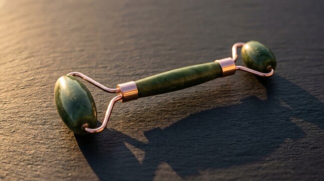 Green jade facial roller on dark stone surface, copper joiner, natural beauty tool for skincare, anti-aging massage, spa concept, wellness and relaxation texture