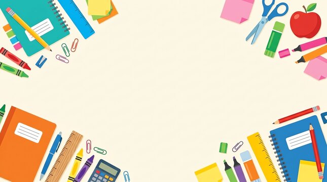 Back to school background frame with colorful stationery items and school supplies on a light beige backdrop