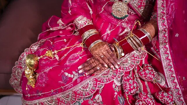 Indian bride hands with henna and red bangles in traditional wedding lehenga dress
