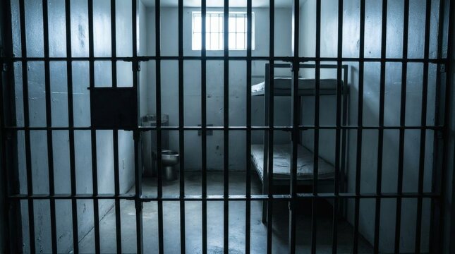 Barred prison cell interior, dark detention room with metal bars, cot and toilet, gloomy confinement atmosphere, cold blue walls, criminal justice and punishment concept