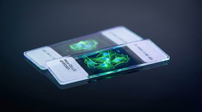 Microscope Slides with Fluorescent HeLa Cells Under Blue Light