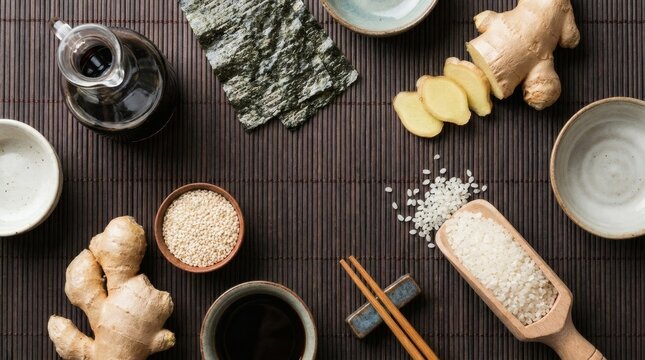 Japanese cooking ingredients on bamboo background, raw rice grains, fresh ginger root, sea weed nori, soy sauce bottle, wooden spoon, traditional kitchen utensils preparation concept