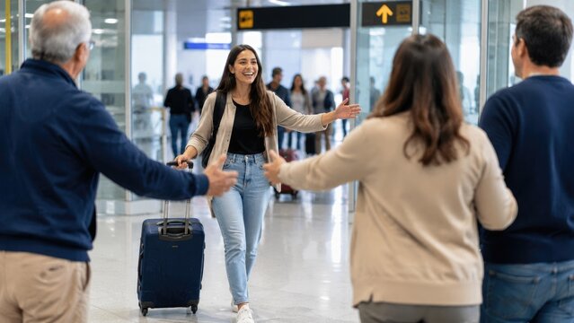 Young woman arriving at airport, smiling and approaching family with open arms and suitcase for a warm reunion