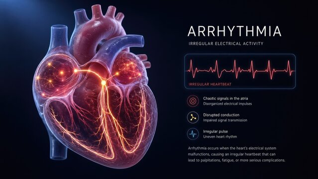 3D medical illustration of a human heart showing arrhythmia with glowing electrical pathways and an ECG waveform infographic