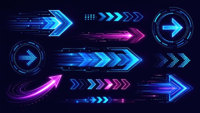 Glowing neon arrow icons and motion trails in blue and pink, futuristic HUD-style directional elements on a dark tech background