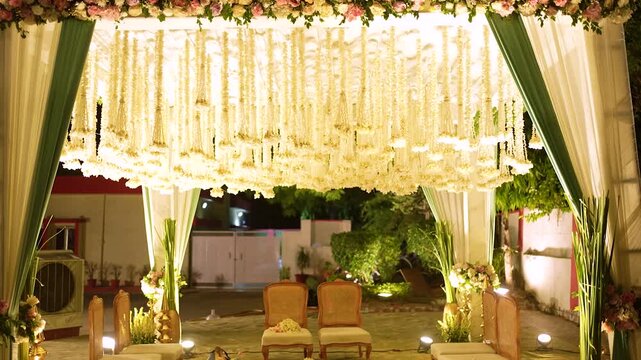 Indian wedding mandap decorated with fresh flowers and hanging garlands at night