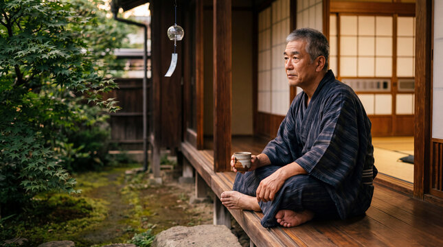 和風の縁側で湯のみを手に庭を眺める中年男性 | 和の余白