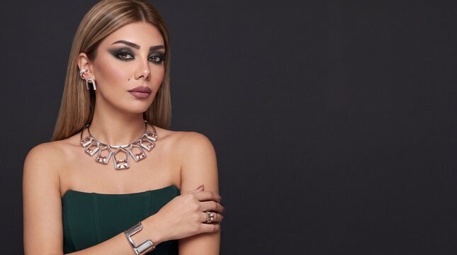 Glamorous fashion woman in dark green corset wearing geometric platinum necklace with champagne morganite gemstones on dark background with copy space