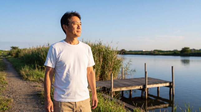 夕日に照らされた湖畔で静かに過ごす中年男性 | 穏やかな水面