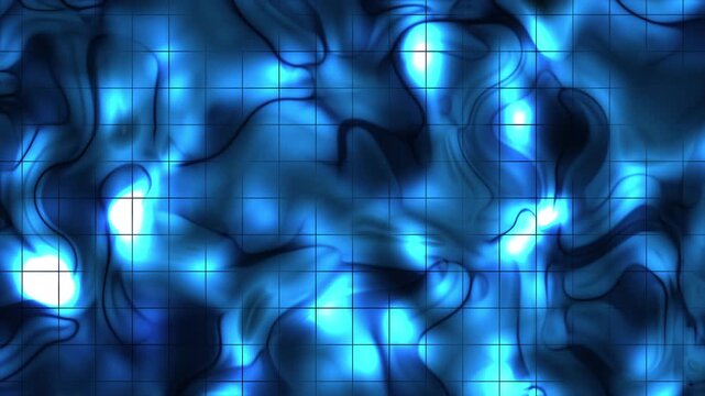 Abstract dark blue gradient background liquid patterns in a digital square grid background with glowing light effects. Ideal for tech designs and modern concepts.