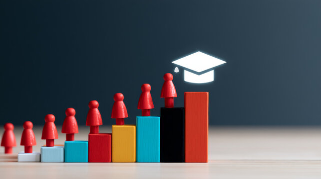 Management and leadership development in e learning coaching concept with red figures on colorful bar graph symbolizing growth and education success