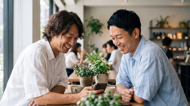 カフェでスマホを囲み笑い合う二人の中年男性 | 自然光の店内