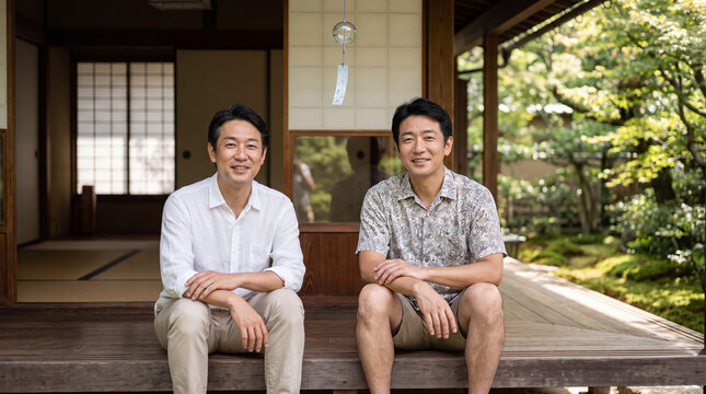 夏の古民家の縁側でくつろぐ二人の中年男性 | 風鈴と緑