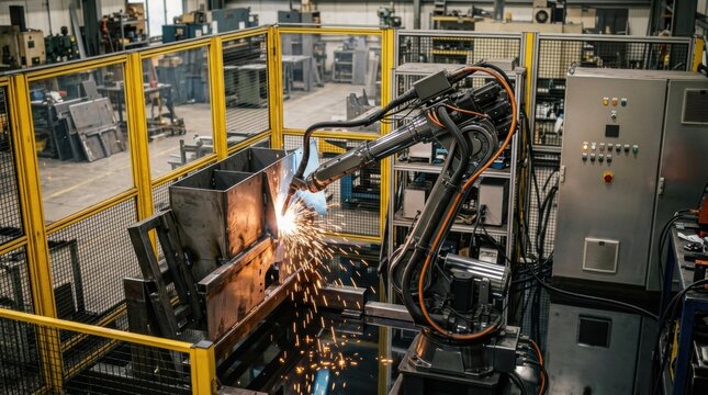 Robotic welding cell in metal fabrication shop with sheet steel panels, safety fencing, control cabinet, bright sparks, and polished machine arms.