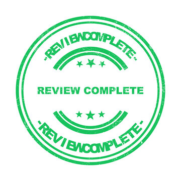 Green round rubber stamp with the text review complete for office and business document tasks isolated on transparent background