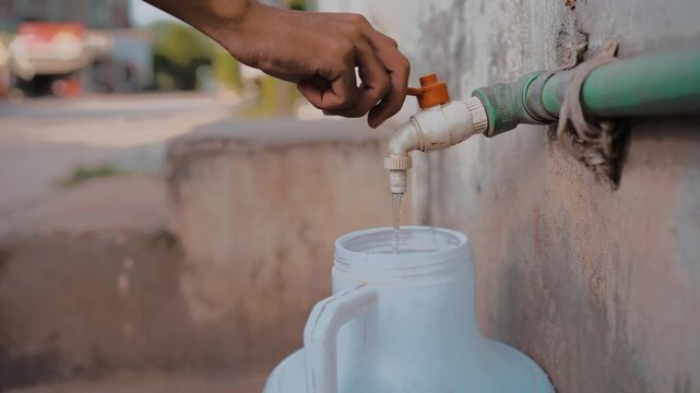 Close Up of Hand Turning Outdoor Tap to Fill Water Container in Pakistan