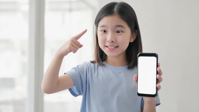 Smiling Young Girl Shows Smartphone Display for Promotion, Advertisement, or App Presentation &ndash; Digital Content Showcase