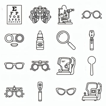 Vector line art icon set of optometry, eye exam equipment, ophthalmology and glasses