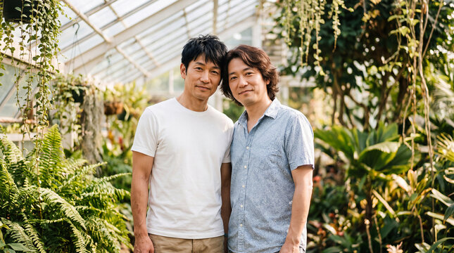 緑豊かな温室で寄り添う二人の男性カップル | 植物の囲み