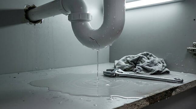 Leaking sink pipe with water droplets and puddle on cabinet shelf with adjustable wrench and cloth for plumbing repair.