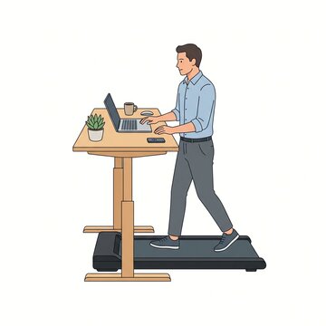 Man working on a laptop while walking on a compact treadmill at a standing desk.