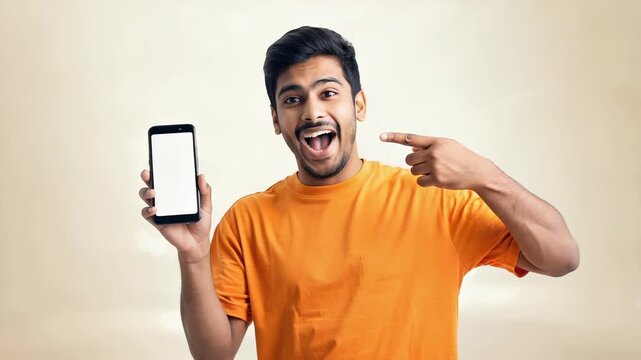 Excited young man showcasing smartphone with blank screen, pointing enthusiastically at device, digital promotion concept.