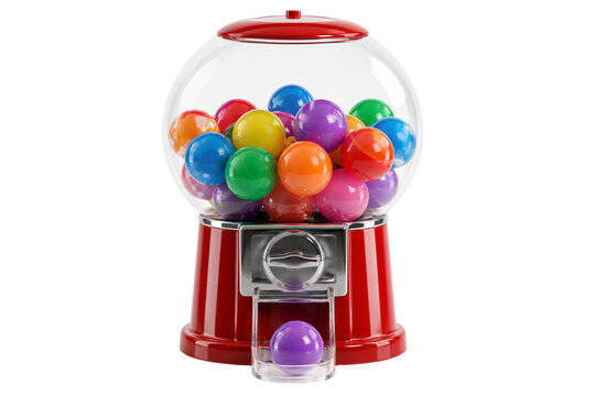 Red gum dispenser machine filled with colorful spheres purple piece isolated on transparent background PNG element