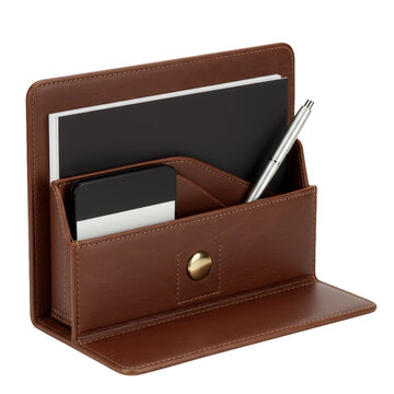 Brown leather desk organizer with notepad pen and phone slot isolated on transparent background