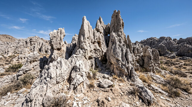 Jagged limestone rock formations rise against a clear blue sky in a desert landscape.