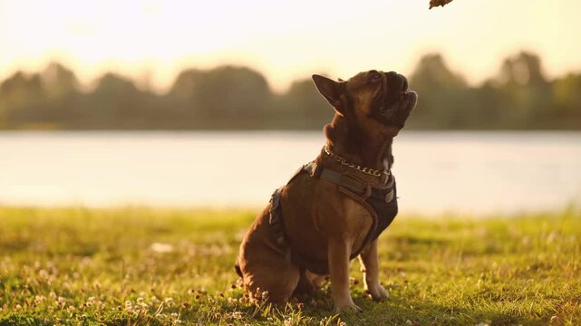 Cute French Bulldog in Harness Playing with a Stick During Sunset in Park