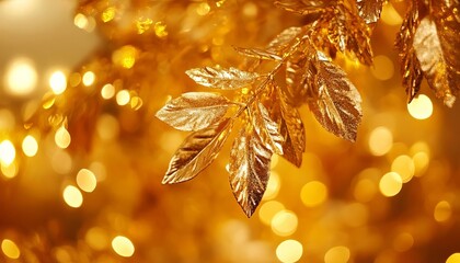 Obraz premium Glistening gold leaves with elegant bokeh lights create a stunning festive winter background.