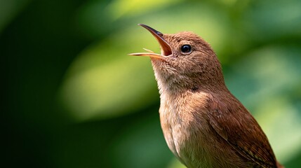 Obraz premium Small brown wren bird singing with open beak in nature