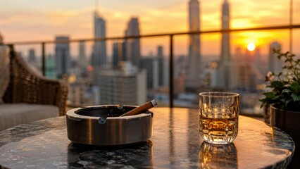 Fototapeta premium Whiskey in a rocks glass and a cigar in an ashtray on a marble table at a rooftop terrace with city skyline at sunset