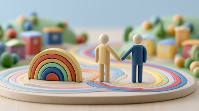 Second half business planning year end budget planning concept with two wooden figures holding hands on colorful rainbow path in miniature landscape, symbolizing teamwork and optimism