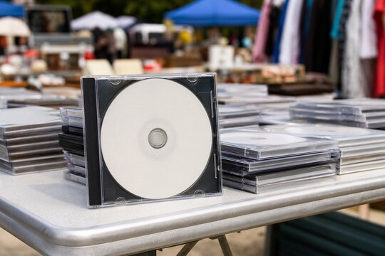 Stack of CD cases at outdoor market or flea fair. Music disc in protective plastic sleeves displayed on a table.