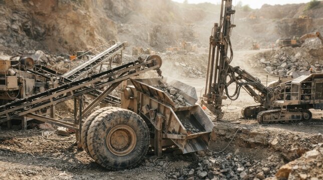 Heavy mining equipment with drill rig, conveyor belts, haul truck tires, and crusher chute in a rugged quarry