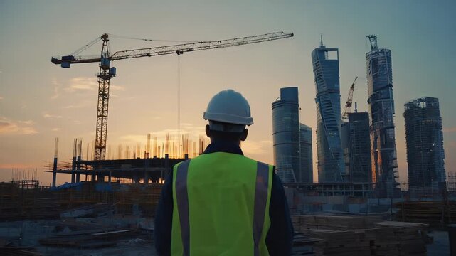 Construction Worker Silhouette Gazing at Modern Skyline &ndash; Dubai Building Project at Sunset