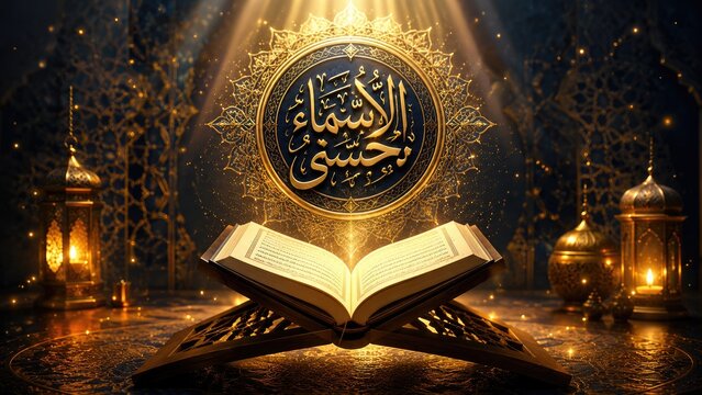 Open Holy Quran on a carved wooden stand under golden Arabic calligraphy and lantern light, ornate Islamic art evoking spiritual reverence and Asma ul Husna theme