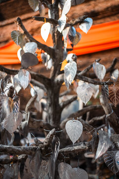 Golden leaf tree with engraved wishes at Buddhist temple in Thailand, Sacred offering tree with metal leaves and prayers in Thai temple courtyard