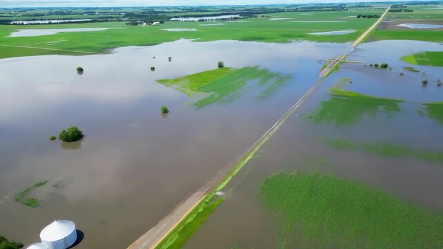 Aerial view of a flooded agricultural field.