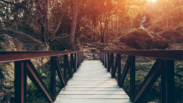 Wooden bridge perspective leading to waterfall trail in forest, scenic nature walkway entrance with trees rocks and sunlight in jungle park