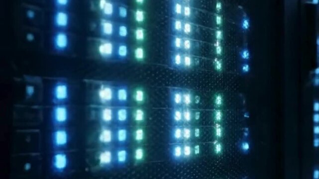 Data center server rack rows glowing blue lights in server room technology infrastructure cloud computing storage network main cloud computing storage network main