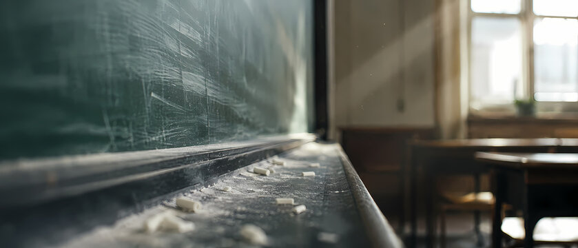 Dark green chalkboard texture with broad erased chalk smudges framing a cleaner central area, subtle dusty streaks and worn edges creating an empty school blackboard background