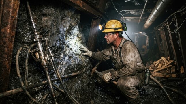 Miner examining a silver ore seam underground with jackleg drill, headlamp glow, steel supports, and metallic veining