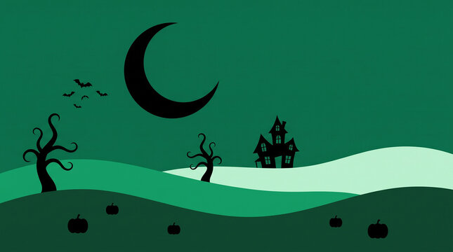 A dark green halloween landscape featuring a crescent moon hauntedhouse crescentmoon silhouettes bats pumpkins nightscape spooky eerie october autumn fall scenic vectorillustration