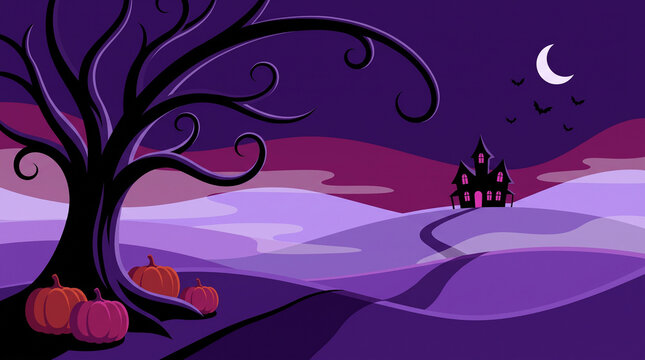 A halloween landscape illustration depicts a silhouetted tree haunted house crescent moon and pumpkins under a purple sky vector night spooky house
