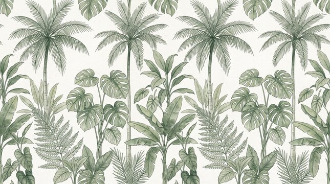 Tropical jungle botanical wallpaper pattern with palm leaves and exotic forest foliage