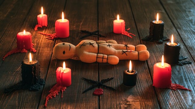 Voodoo doll surrounded by lit candles on dark wooden table