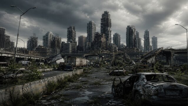 Post-apocalyptic urban landscape with crumbling skyscrapers, ruined cars, overgrown highway and stormy skies