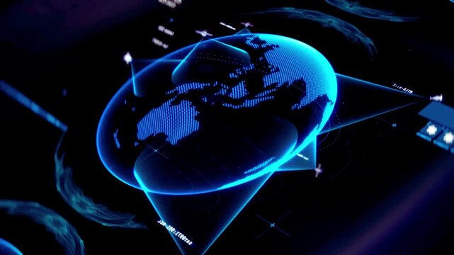 Holographic earth globe with satellite network connection scanning digital map hologram technology planet data computing hologram technology planet data computing